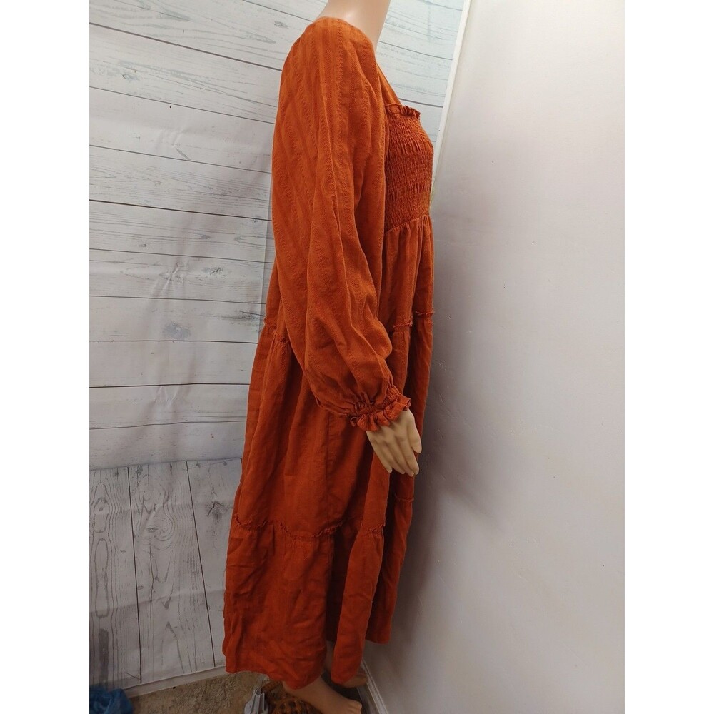 Square Neck Tiered Rust Orange Dress Sz M Long Sleeve Boho Distressed - Picture 3 of 6